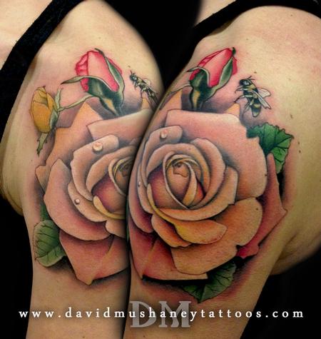 Tattoos - Pastel Roses and Bumble Bee Shoulder Tattoo - 87223